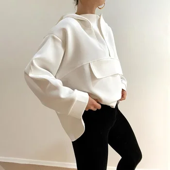 InstaHot Moda Femei Hoodies Supradimensionat Tiv Asimetric Negru Solid Alb Toamnă Tricou Vrac Streetwear Pulover Cu Glugă Topuri