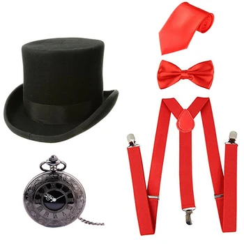 1920 Mens Marele Gatsby Gangster Accesorii Costum Negru Ceas de Buzunar Set vânzător de ziare Pălării Panama Bretele