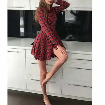2019 Noua Moda Femei Guler de Turn-down Carouri Roșii Butonul Rochii cu Maneca Lunga Talie Mare Mini Rochie Mini Casual Camasa, Rochii