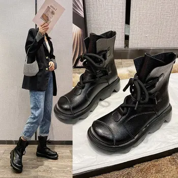2020 Femei de Iarnă de la Jumătatea Vițel Cizme de Moda Clasic Femei Cizme Scurte din Piele Rece Dantela-Up Rotund Toe Indesata Pantofi Botas De Mujer