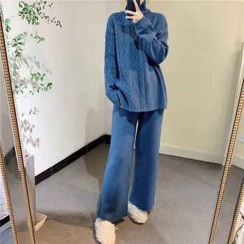 2020 Izvor Nou de sex Feminin coreeană Pulover Vrac se Potrivi Pulover Guler Pantaloni Largi Tricotate Două Seturi de piese Solide Moi Trening