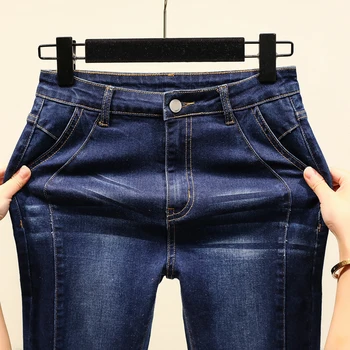 2020 Toamnă Nouă fâșie Subțire de Creion pantaloni Pantaloni Femei Blugi Talie Mare Patch de Lucru Full Lungime Mujer Plus Dimensiune Drak Albastru
