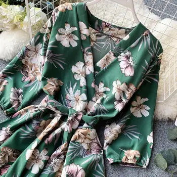 2020 Vintage Slim V Gâtului primăvară Toamnă Print Floral Midi Timp Neregulate Bandaj Rochie Femei Maneca 3/4 cu Talie Înaltă rochie eleganta