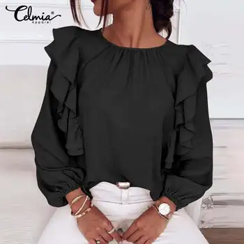2021 Primăvară Femei Bluze Volane Celmia Toamna Casual Solid Felinar Camasi Cu Maneca Moda O-Gât Biroul De Partid Blusas Plus Dimensiune