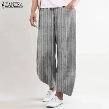 2021 ZANZEA Femei Largi Picior Pantaloni Casual Vintage Pantaloni cu Dungi din Bumbac Elastic Talie Nap Femei Pantalon Palazzo Plus Dimensiune