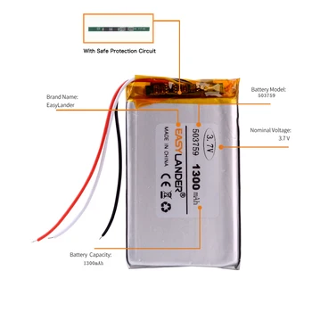 3wires 503759 3.7 V, 1300mAh baterie Reîncărcabilă li-Polimer Baterie Li-ion Pentru navigator recorder mașină