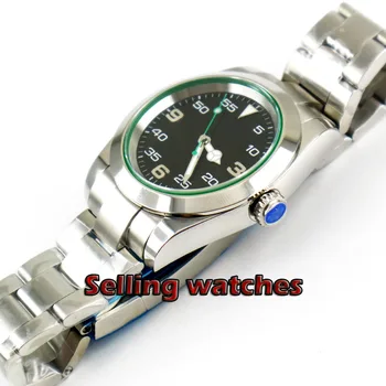 40mm Bliger sticlă de safir cadran negru verde mână luminoasă Automată bărbați ceas
