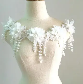 5 Metri/Lot Destul de Floare cu Perla de Nunta Deco Franjuri Dantelă Asieta DIY Meșteșug 8.5 cm Alb 3D Sifon, Dantelă Tesatura