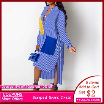 Albastru Mozaic Femei Rochie Camasa Cu Maneci Lungi Dungi De Imprimare De Vară 2020 Toamna Mid-Haină Lungă Femme Africane Birou Maxi Vestidos