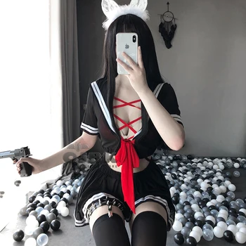 Anime Cosplay Costum Student Negru Uniform Fata De Scoala Erotic Doamnelor Rochie Babydoll Femei Dantelă Fusta Mini Costum Pentru Femei