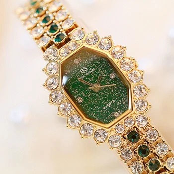 Brand De Moda Ceasuri Femei Doamnelor Diamante Mici Brățară Ceas Piatra Verde Auriu Rezistent La Apa Montre