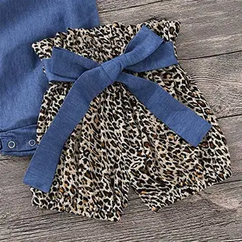 Copilul Romper Set De Vara Fetita Casual Flare Sleeve Denim Leopard Romper Topuri Pantaloni Scurți Bentita Tinutele Set