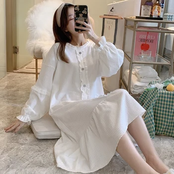 Coreeană Liber Maneca Lunga Bumbac Cămăși de noapte pentru Femei 2021 Primavara Toamna Sleepwear Femme Acasă Rochie de Seara Rochie Cămașă de Noapte