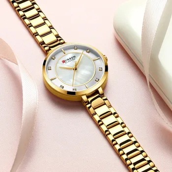 CURREN Doamnelor Ceasuri de Moda Elegant Ceas Cuarț pentru Femei Rochie Ceas cu Stras Set Dial Rose Gold Ceas Bandă de Oțel