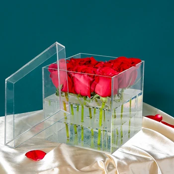 Cutie de flori Acrilice Transparente Multi Funcția de Organizator Machiaj Cosmetice Caz de Stocare a Crescut de Suport Cu Capac pentru Ziua Îndrăgostiților