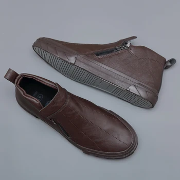 De Brand Nou De Înaltă Top Barbati Vulcanizat Pantofi Toamna Leneș Casual Din Piele Pantofi Loafer Respirabil Partea Zip De Cusut Roud Toe Flats