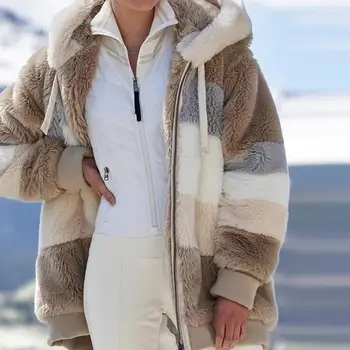 De iarnă pentru femei jacheta de moda de Pluș mozaic buzunar cu fermoar iarna cu Gluga jacheta retro liber Maneca Lunga Plus Dimensiunea Femei Top Coat