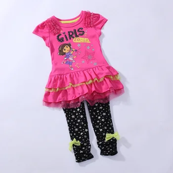 De vânzare cu amănuntul Dora Imbracaminte Copii Set Fata Fete Rosie cu Maneci Scurte T-shirt tricou Top + Pantaloni Negri Costum Costum RT36