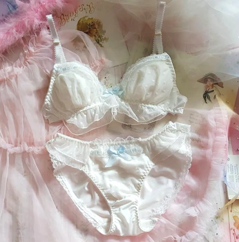 Drăguț japoneză Lolita Sutien si Chilot Set Lenjerie Transparenta Femei Intimii Dantela Sleepwear Fairy Ultra Subțire Sutien Scurtă Thong Set
