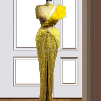 Elegant, Galben Rochie de Seara Teacă Etaj Lungime Fantă Pene Halat De Serată Aibye Rochie de Bal вечернее платье Middle East Dubai