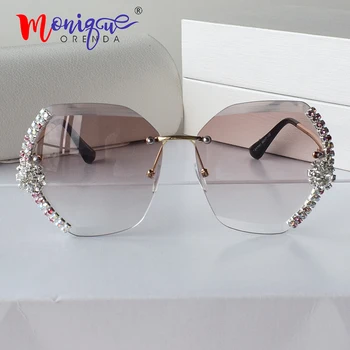Epocă fără ramă de ochelari de soare femei diamant mare designer de brand treptată ochelari de soare femei de sex feminin nuante stras oculos de sol