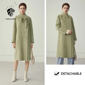 FANSILANEN Verde timp de 90% haină de Lână Femei arc bandaj palton supradimensionat sacou Vintage sex feminin amestec de lână haina de iarna palton
