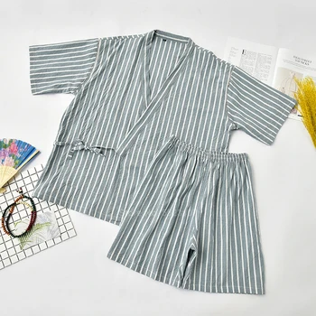 Femei din Bumbac Set de Pijamale din Bumbac Moale, Vrac Stil Japonez Pijamale cu Dungi V-gât Scurt, Omul Mesaj Saună Pijamale