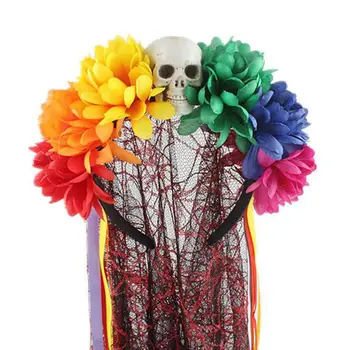 Femei Fata de Halloween Artificiale Curcubeu de Flori cu Bandă de susținere cu Craniu Fata Dantela, Voal, Panglică Ziua Morților Cosplay Coroana de Păr Hoop