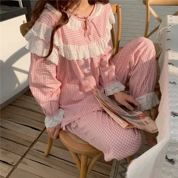 Femei pijamale roz carouri haine de acasă 2 bucata set de lux dantelă lolita printesa sleepwear vrac top gâfâi pijamas drăguț homewear Y274