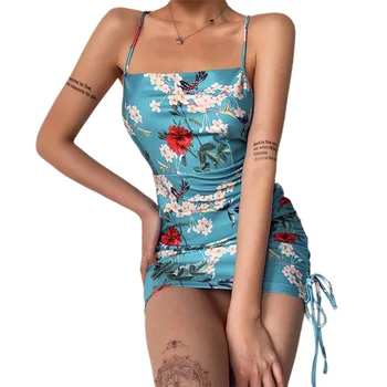 Femei Sexy cu Spatele gol Rochie de Imprimare Florale 2020 Nou-veniți Moda fără Mâneci Dantelă-up Floare de Imprimare de Înaltă Wasit Mini Rochie de Creion