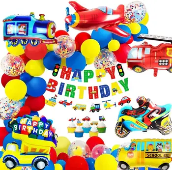 Fericit banner ziua de nastere pentru baieti de ziua de nastere decoratiuni auto scoala de autobuz, tren, camion foc motocicleta, avion, balon vehicule de transport