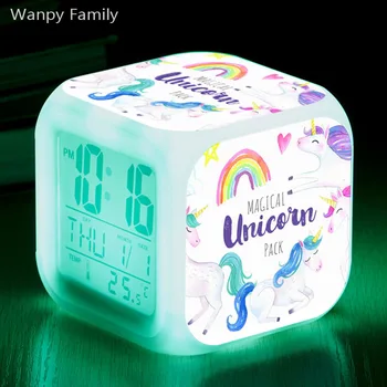 Foarte Drăguț Unicorn Ceas desteptator 7 Culori Stralucitoare LED Digital Ceas cu Alarmă Pentru camera Copii Multifunctional Flash Touch Ceasuri Ceas