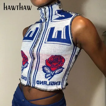 Hawtahw Femei De Moda Turtle Neck Fără Mâneci Florale Scrisoarea Imprimate Slim Skinny Scurte Topuri Rezervor Streetwear 2020 Haine De Toamna