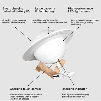 Imprimare 3D Saturn Lampa de Noapte Lumina Lunii Lampa Pentru Camera Copii Noapte Lampă Reîncărcabilă Lumina Pentru Spațiu Iubitor Planeta Lampa Pentru Copil Cadou