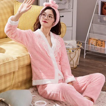 IULIE CÂNTEC pentru Femei Seturi de Pijamale 4 Peices Flanel Roz Cald Gros Pijamale Femei Toamna Iarna Sling Dantelă Sexy Homewear Moda