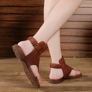 Johnature Femei Sandale Piele Naturala Casual Pantofi Pentru Femei 2020 Nou Retro Banda Elastica De Cusut Plat Cu Manual Doamnelor Sandale