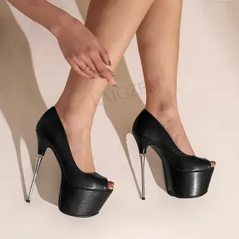 LAIGZEM SUPER Femei Pompe de PIELE Stiletto Metal Sandale cu Toc Peep Toe Talon Club Pantofi de Partid Femeie Dimensiune 33 38 4143