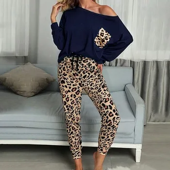 Leopard pentru Femei Acasă Costum Moale Două Bucăți Homewear Casual sex Feminin Set Tricou Maneca Lunga Pantaloni plini de Toamnă Doamnelor Pijamale