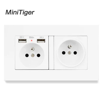Minitiger 2 Banda franceză Priză Standard de Perete Cu 2 Portul de Încărcare USB Ascunse Moale Indicator LED PC Panou Alb Negru