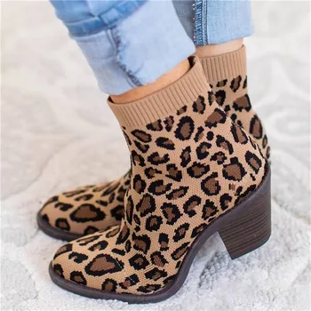Moda Glezna Ciorap Elastic Cizme Tocuri Indesata Stretch pentru Femei de Iarnă Tricot Papuceii Femei leopard de imprimare zapatos mujer