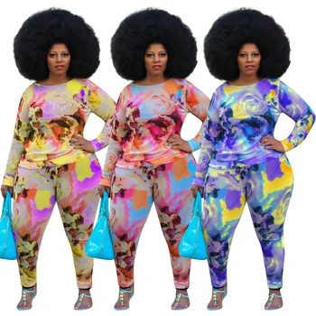Moda Nouă Tie Dye Print Floral Două Bucata Set Femei Complet Maneca De Sus Și De Cordon Pantaloni Skinny Set Casual Sportwear 2 Buc Costum