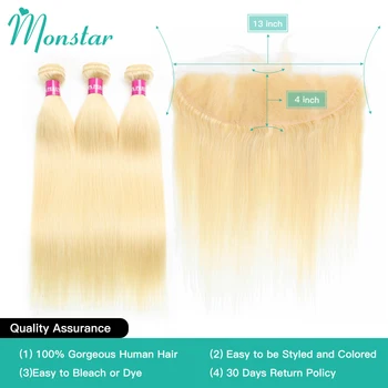 Monstar 613 Blonda Colorate Peruvian Păr Pachete cu Închidere Remy Drept Păr Uman cu 13*4 ureche la Ureche Dantela Frontal de Închidere
