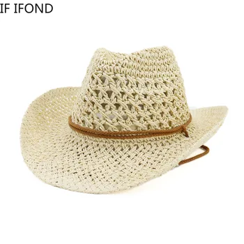 Naturale Paie Pălărie de Cowboy Femei Barbati lucrate Manual Țese Pălării Pentru Doamna Moț Plajă de Vară pălărie