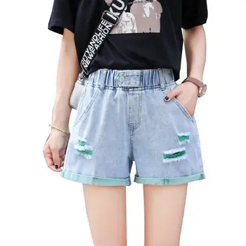 New Sosire Coreea Moda Femei Mare Elastic Talie Pantaloni Scurți De Blugi Largi Gaura Vintage Denim Pantaloni Scurți Pentru Plus Dimensiune Casual Pantaloni Scurti D216