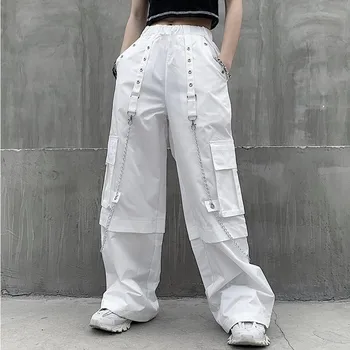 NiceMix alb joggeri femei pantaloni de marfă ins epocă de înaltă talie pantaloni picior drept pantaloni lungi jambiere buzunare haine coreene