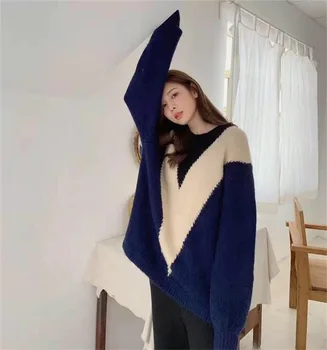 Nomikuma Lovit de Culoare Geometrice pulover Pulover Femei, cu Maneci Lungi O-neck Top Tricotate 2020 Toamna Iarna Supradimensionate Trage Femme 6D019