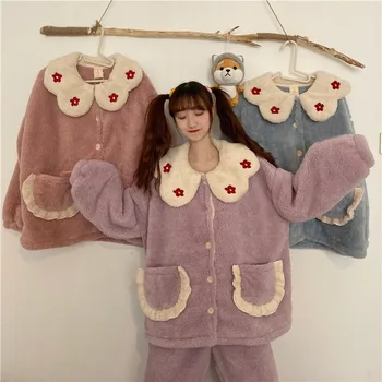 Pijama Femei De Iarna Nou Stil Coreean Drăguț Cardigan Pijamale Largi Cămașă De Noapte Coral Fleece Serviciu Acasă Costum De Pijama Kawaii