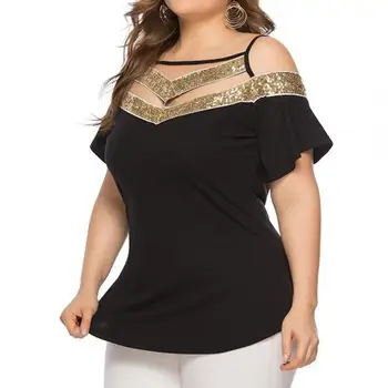 Primavara-Vara Noi de Mari Dimensiuni de Îmbrăcăminte pentru Femei Paiete Gât Bling Stralucitoare Bluză Casual Scurt Flare Sleeve Tricouri Femei Xl-5xl