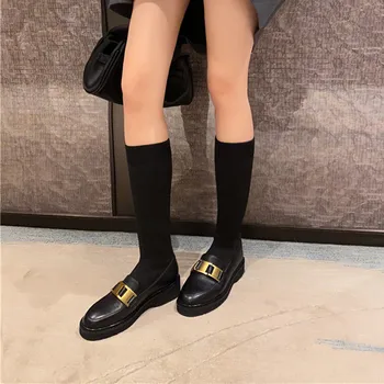 Prova Perfetto Negru Pentru Femei Șosete Cizme De Vacă Din Piele Rotund-Deget De La Picior Plat Pantofi Casual Femei De Moda De Metal Decor Mult Botas Feminina