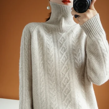 Pulover guler alb gros wiinter pulover femei lână sacou mâneci lungi cu dungi scurte de cauzalitate vrac top jumper